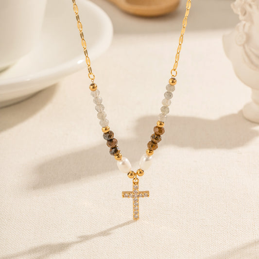 18k gold plated zircon cross and natural stone necklace