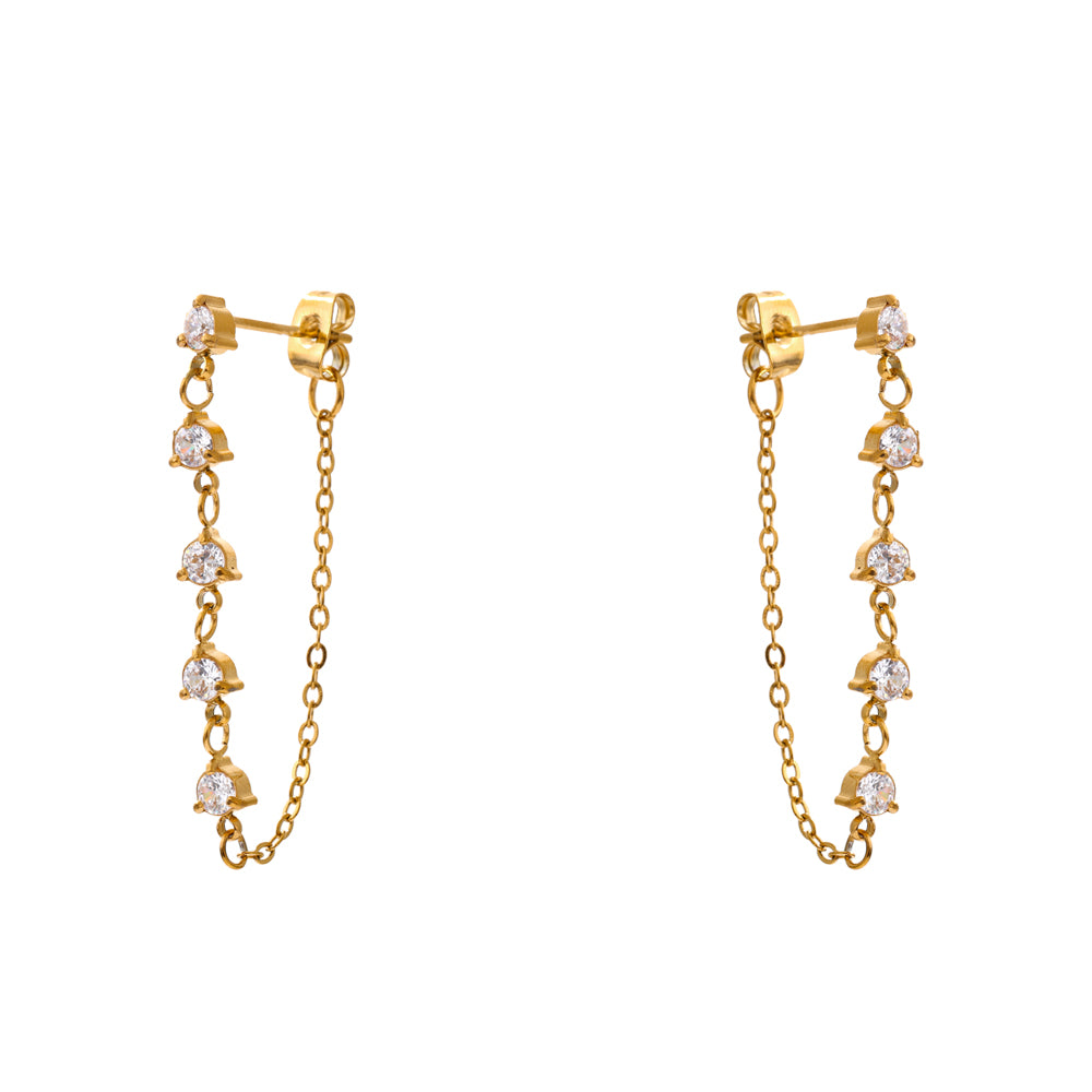 Gold chain earrings with small diamonds on a white background