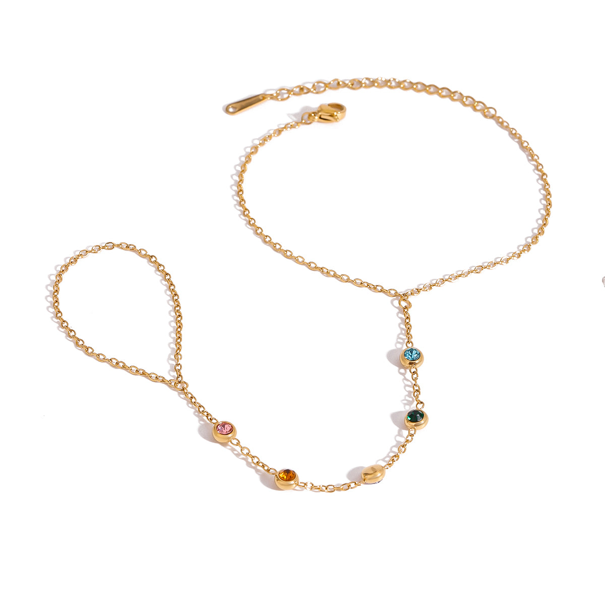 18k gold plated hand chain with five colored zircons