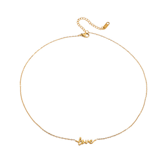 Gold necklace with 'love' inscription on a white background