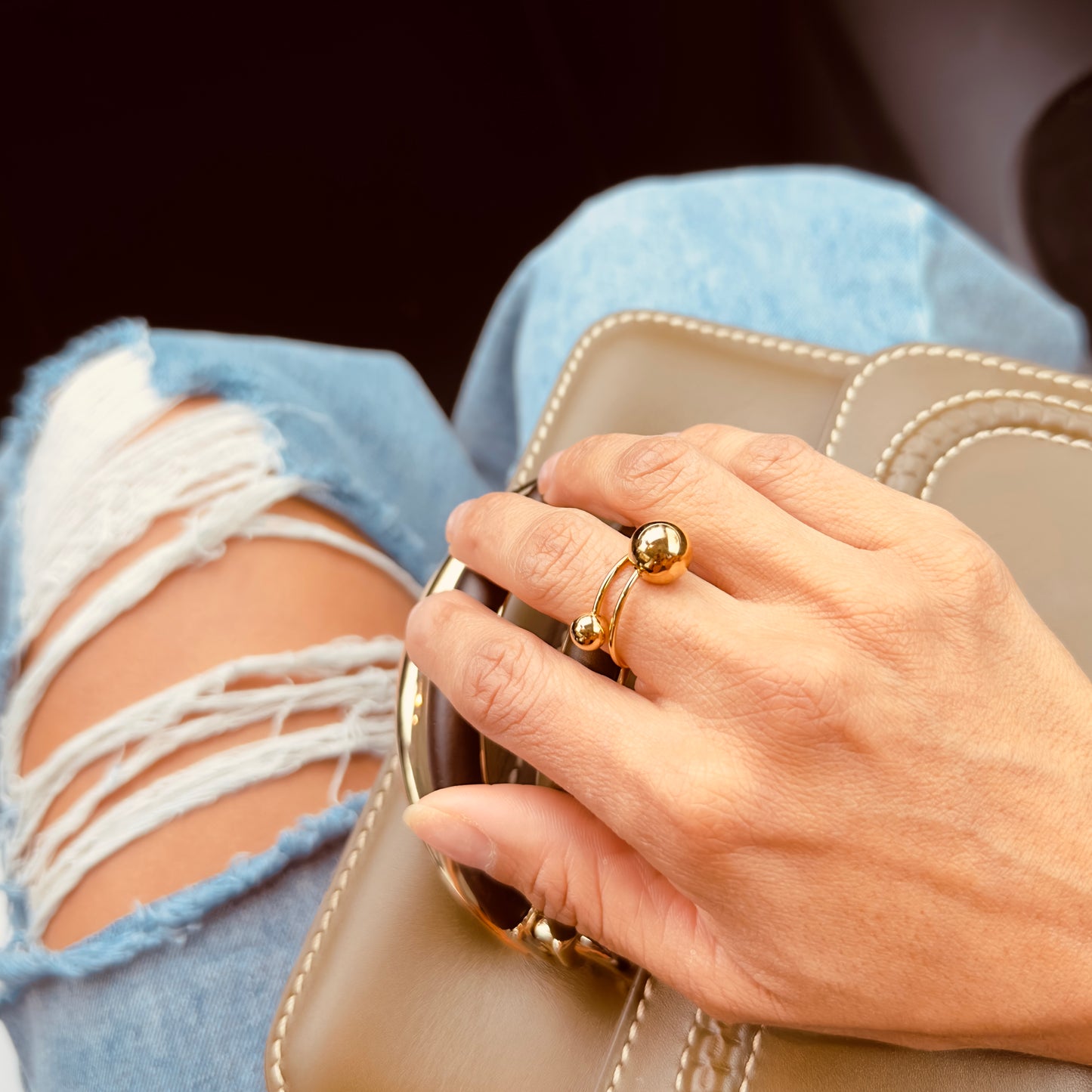 18k gold plated ring with two spheres