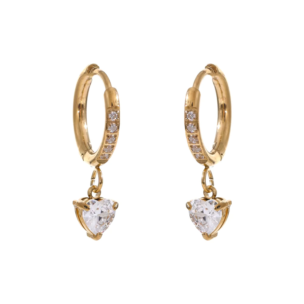 Gold hoop earrings with heart-shaped diamond drops on a white background