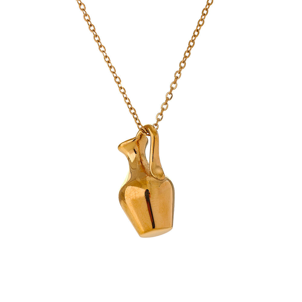Gold necklace with an alabaster vase pendant on a white background