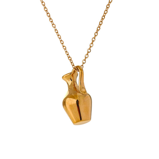 Gold necklace with an alabaster vase pendant on a white background