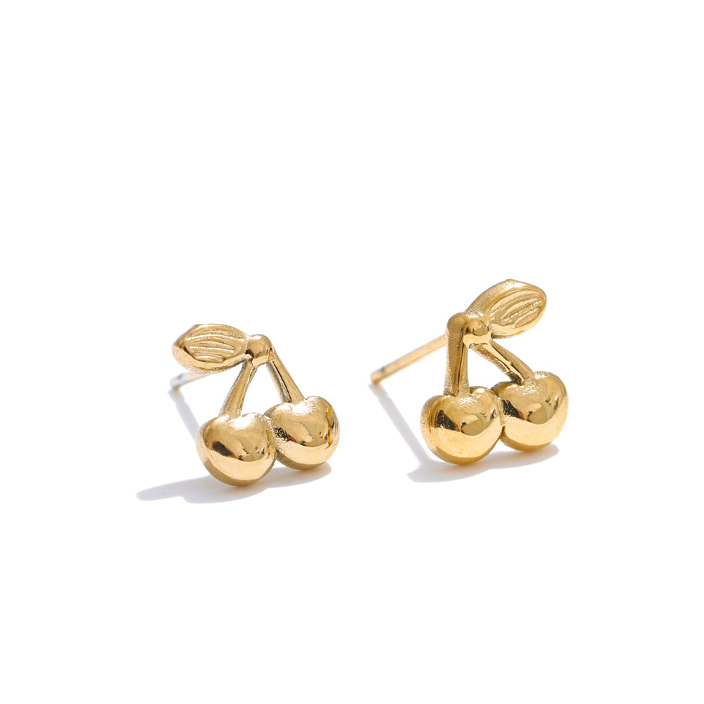 Gold cherry-shaped earrings on a white background