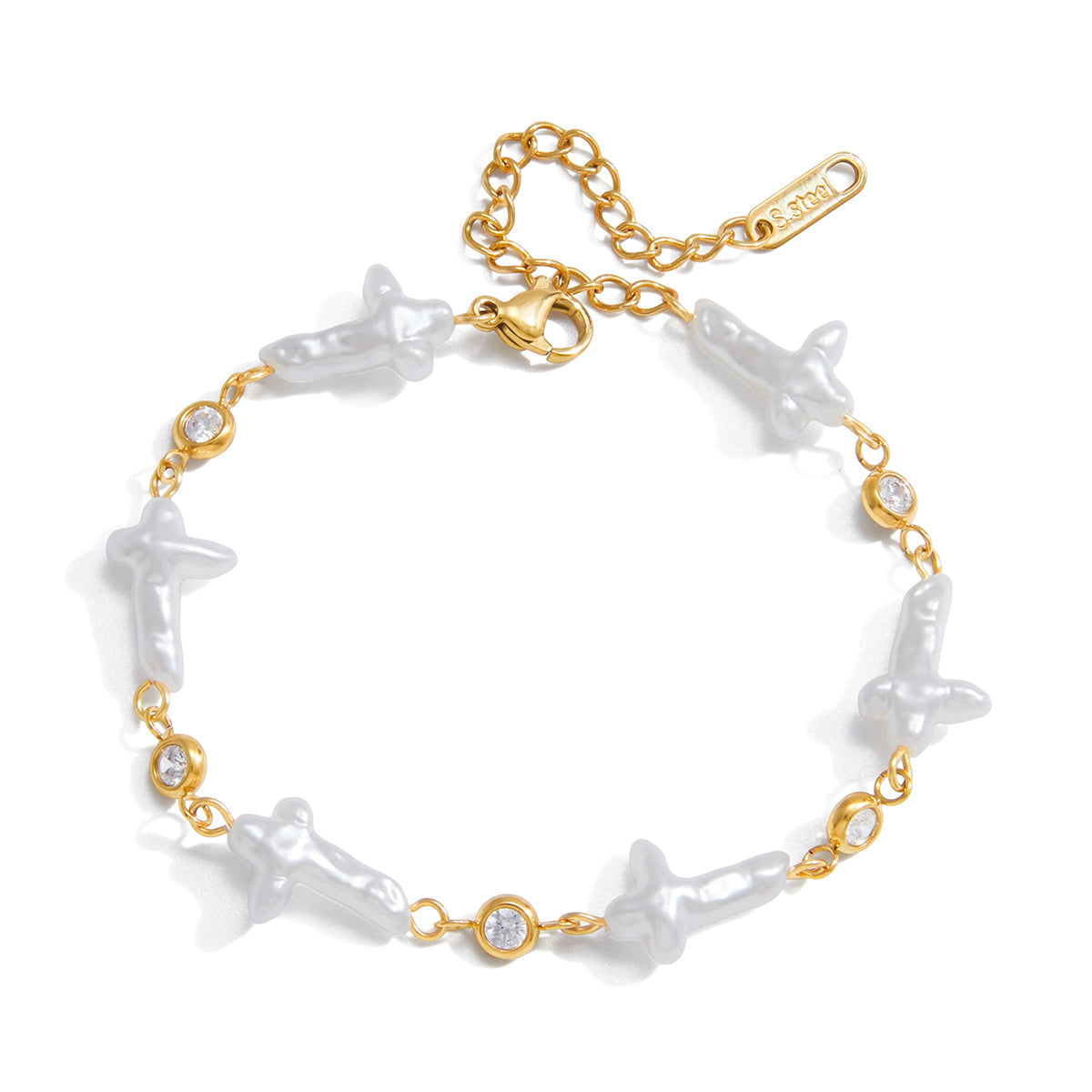 Gold bracelet with white pearl cross charms on a white background