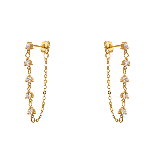 Gold chain earrings with small diamonds on a white background