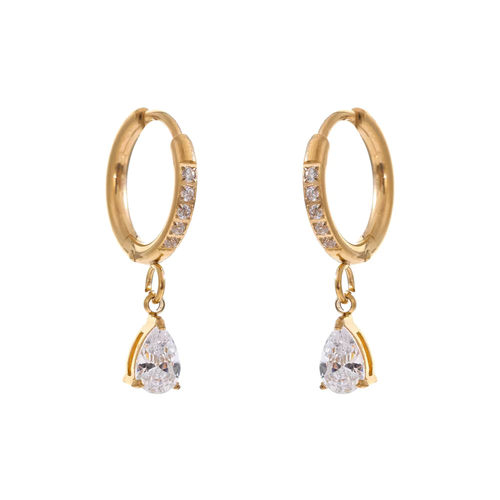 Gold hoop earrings with teardrop-shaped diamond drops on a white background