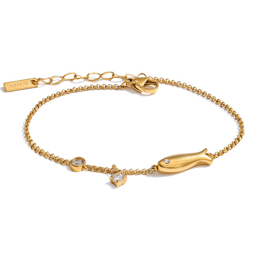 Follow Me 18K gold-plated chain bracelet with a fish charm, two clear crystal accents, and an extender clasp on a white background.”