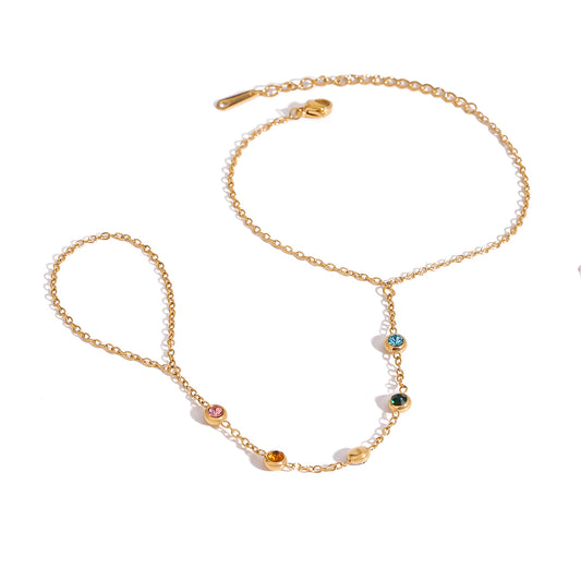 18k gold plated hand chain with five colored zircons
