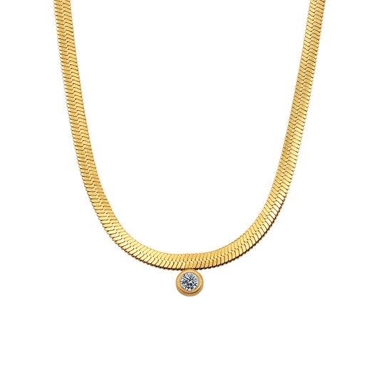 18k gold plated snake herringbone choker with zircon pendant