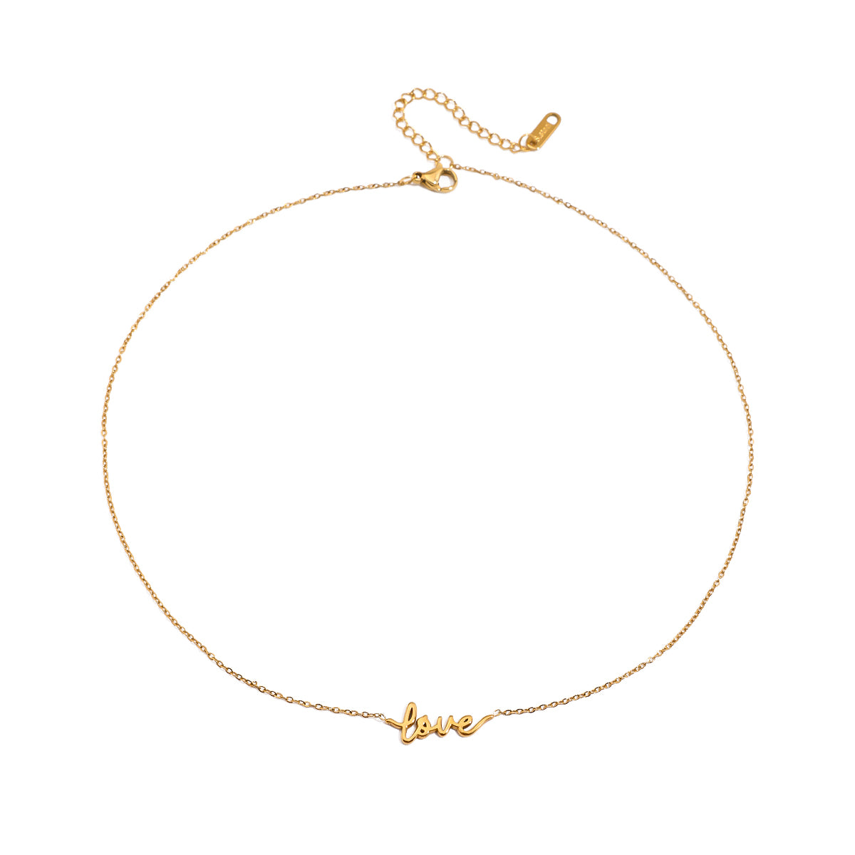 Gold necklace with 'love' inscription on a white background