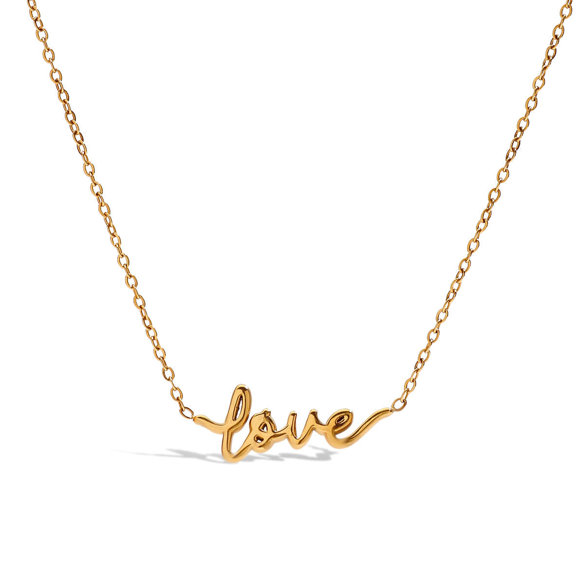 Gold necklace with 'love' pendant on a white background