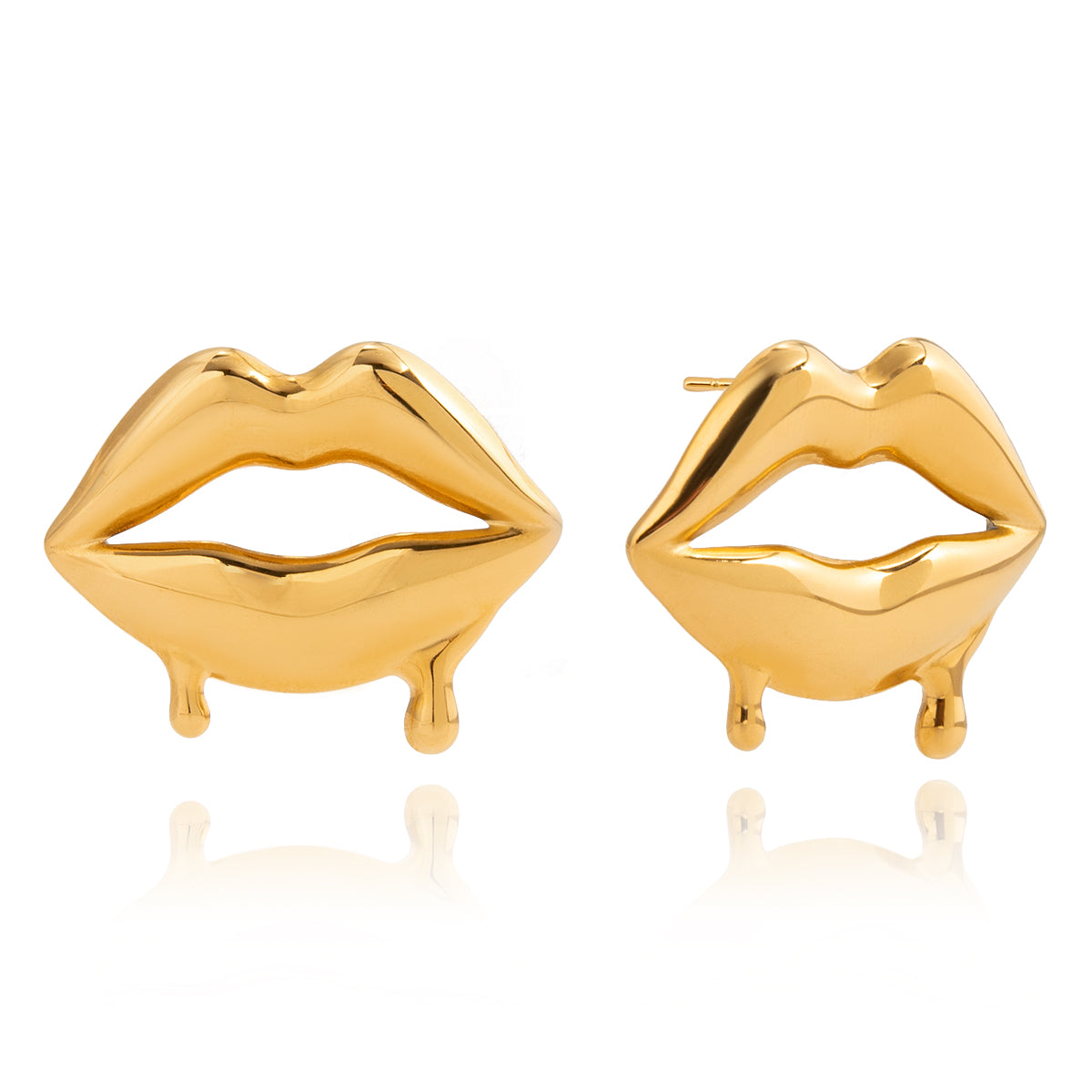 Gold lip-shaped earrings on a white background
