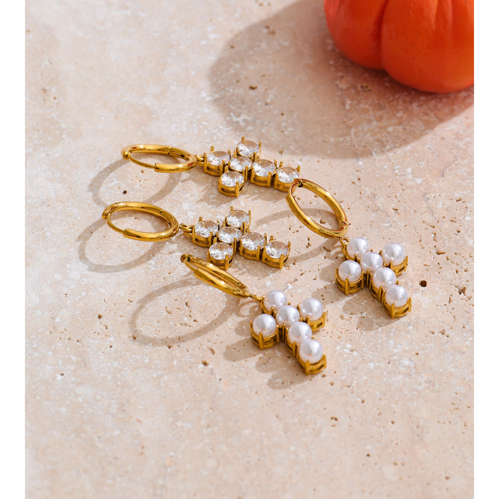 Pearl Cross Huggie Earrings