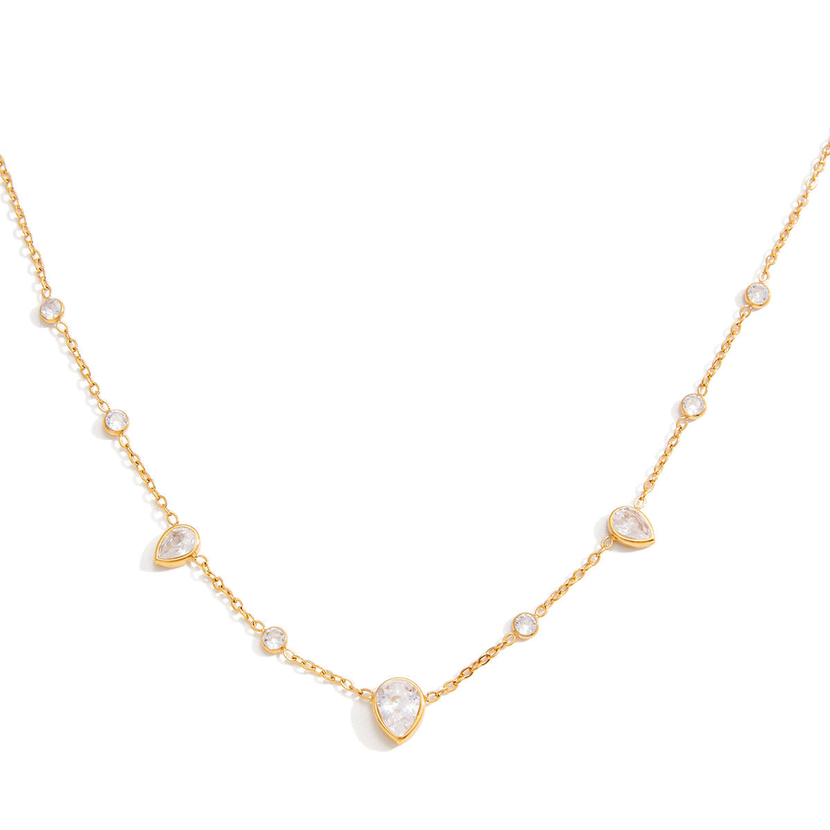 Gold necklace with drop-shaped pendants on a white background