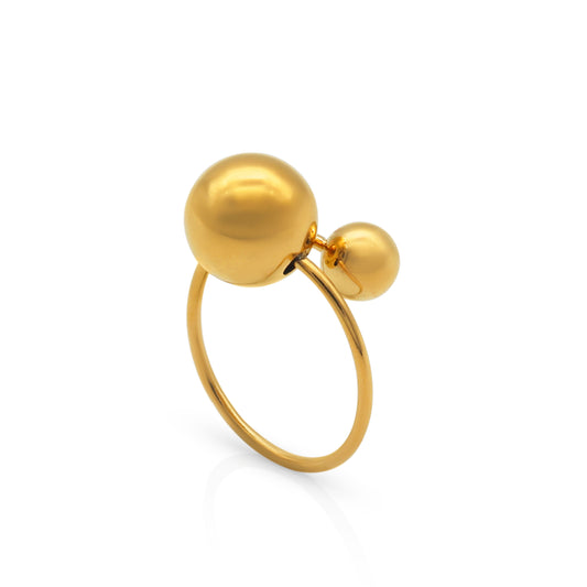 18k gold plated ring with two solid spheres