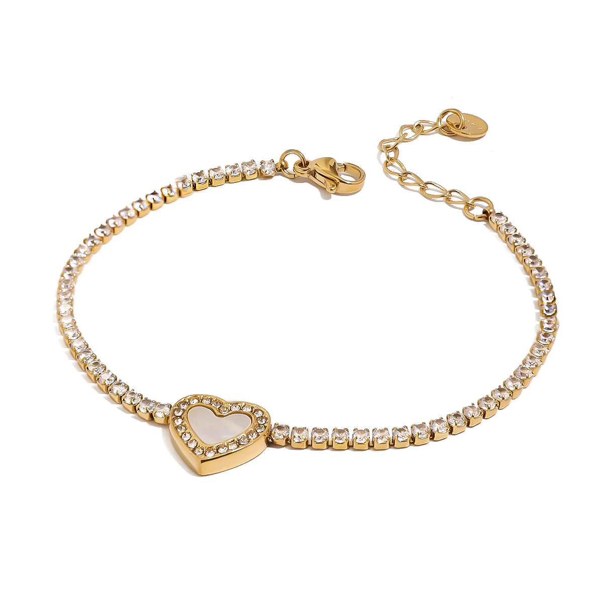 Gold bracelet with a heart-shaped charm on a white background