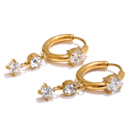 18k gold plated triple zircon dangle hoop earrings