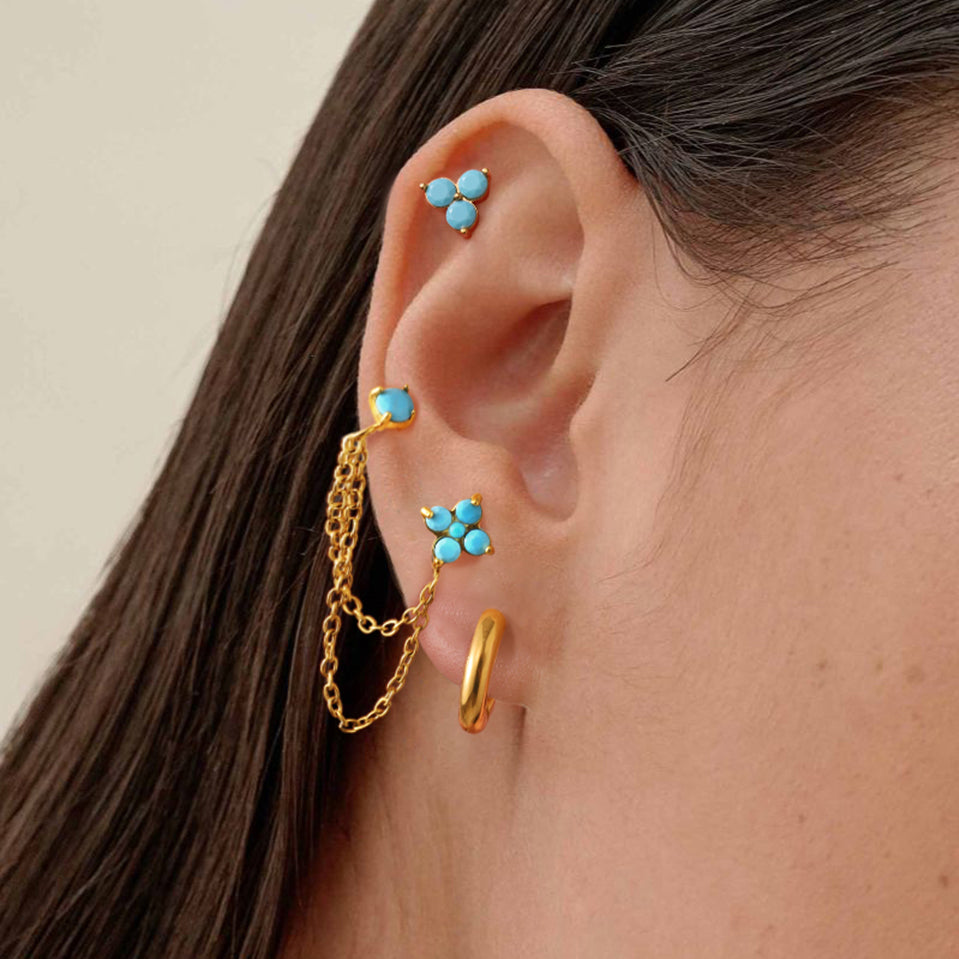 Close-up of an ear with gold hoop earrings and turquoise stones on a neutral background