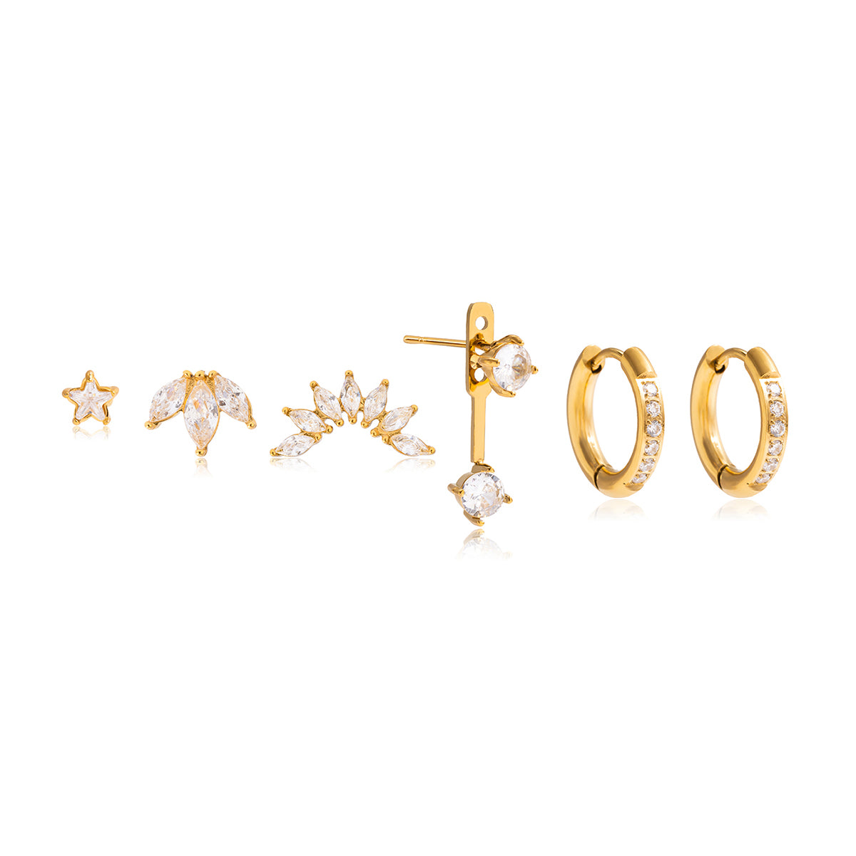 Set of gold earrings including star-shaped, floral, and hoop designs on a white background