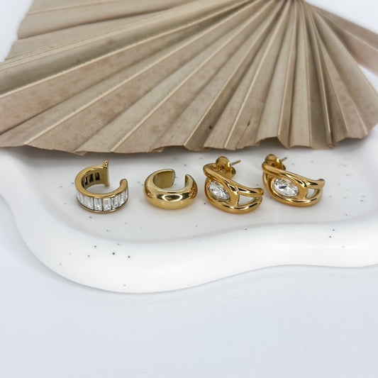 18k gold plated set of gold hoop earrings with clear zircon stones 