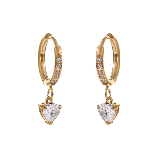 Gold hoop earrings with heart-shaped diamond drops on a white background