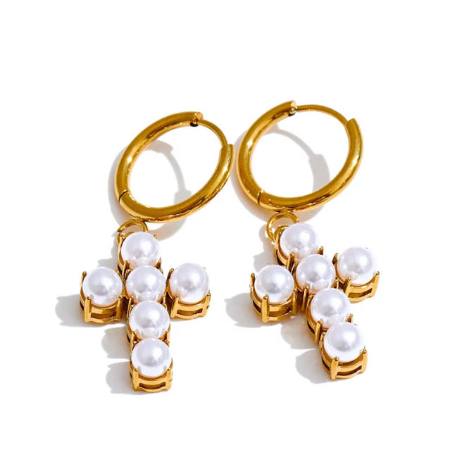Pearl Cross Huggie Earrings