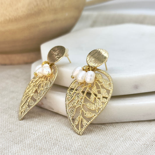 Leaf & Pearls Dangle Earrings