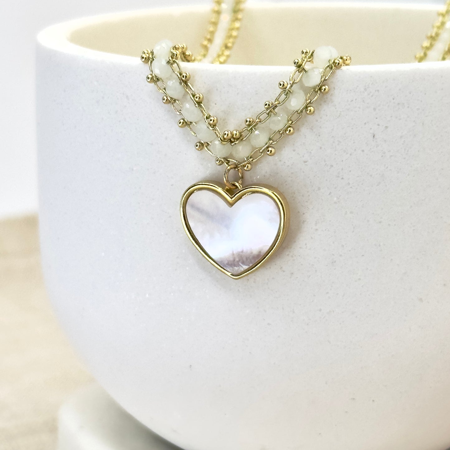Nacre Heart Choker with White Iridescent beads